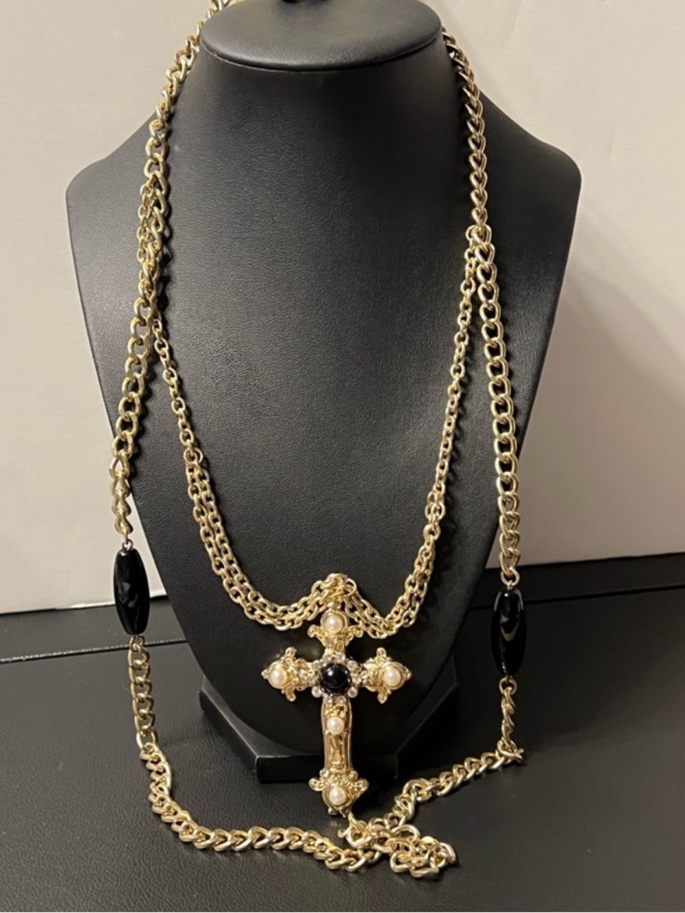 Vintage DaVinci Gold and Black Bead Cross Necklace